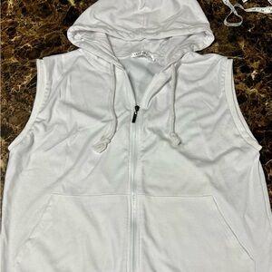 White, hooded zip up vest with pockets. Size 3XL (I think this runs small)